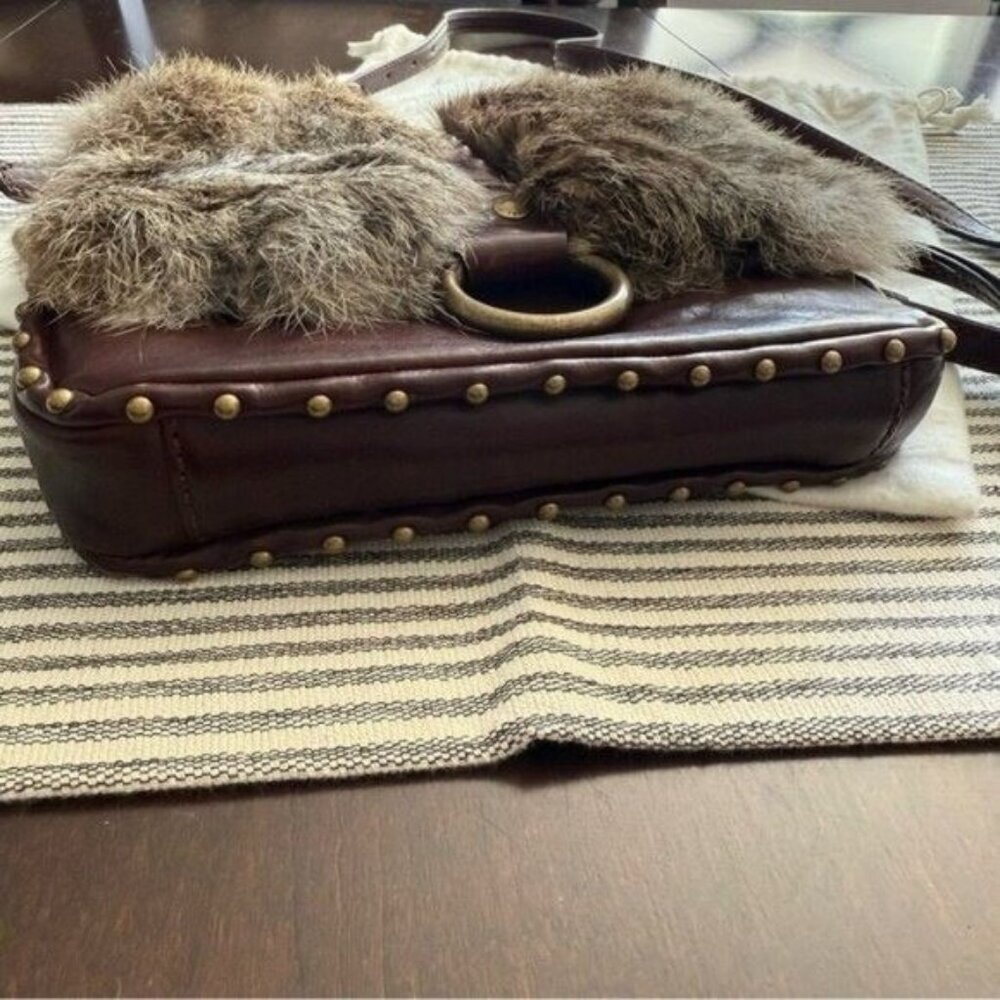 Frye Roxanne Rabbit Fur Genuine Leather Stud Studded Crossbody Bag Purse Brown • - Picture 4 of 12